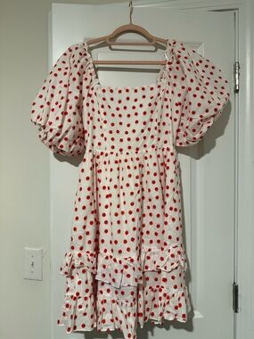 White Dress with Red Polka Dots and Puff Sleeves